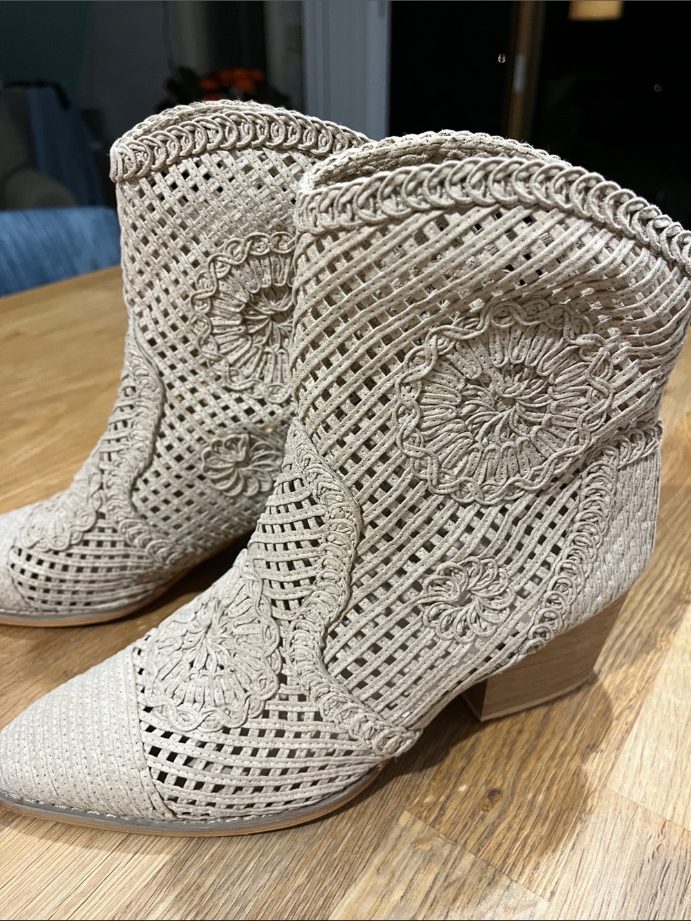 Tan Crochet Ankle Booties - Women's Woven Detail